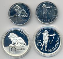 Namibia Probemünzen 1+10 Mark, 1+10 Dollars 1990 Silber+CuNi