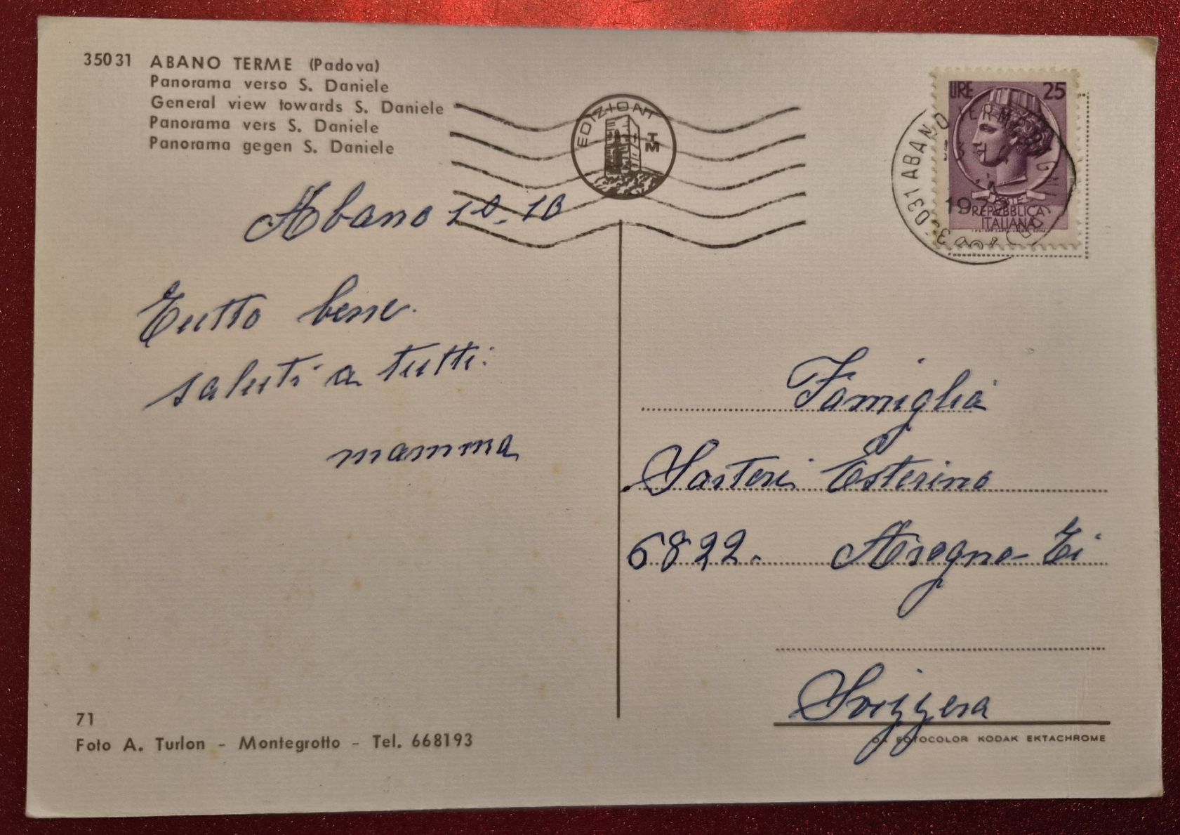 Cartoline postali: Abano Terme S. Daniele 1972 – Usato da Melchnau venduto da Arthurius 1
