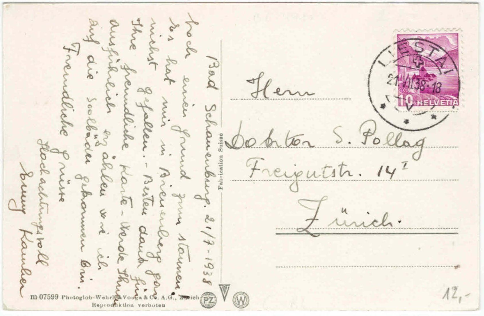Ansichtskarten: BL 70 Hotel Bad Schauenburg 1938 – Gebraucht aus Fribourg von philafri 1