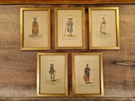 5 antike Trachten Lithographien Bern 19Jh gerahmt