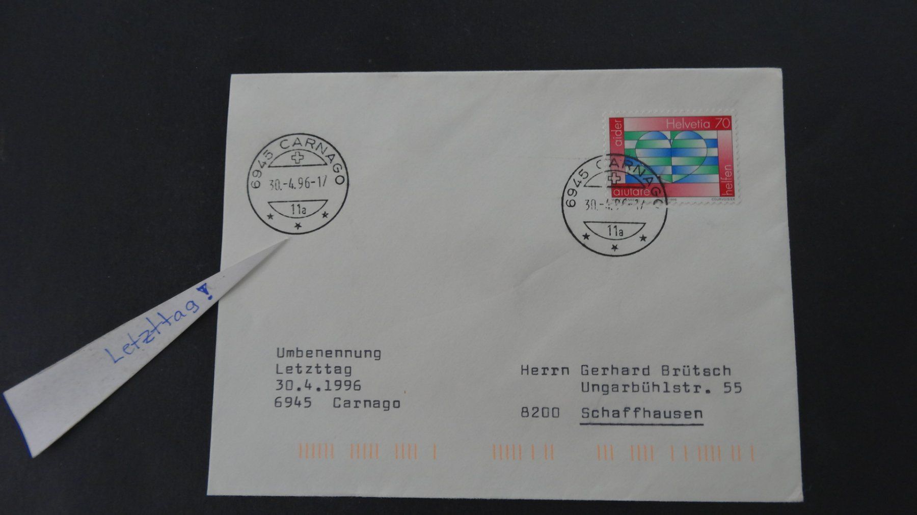 Tutti i francobolli: CARNAGO/TI Letzttag !! 30.4.96   68 – Usato da Anwil venduto da larks