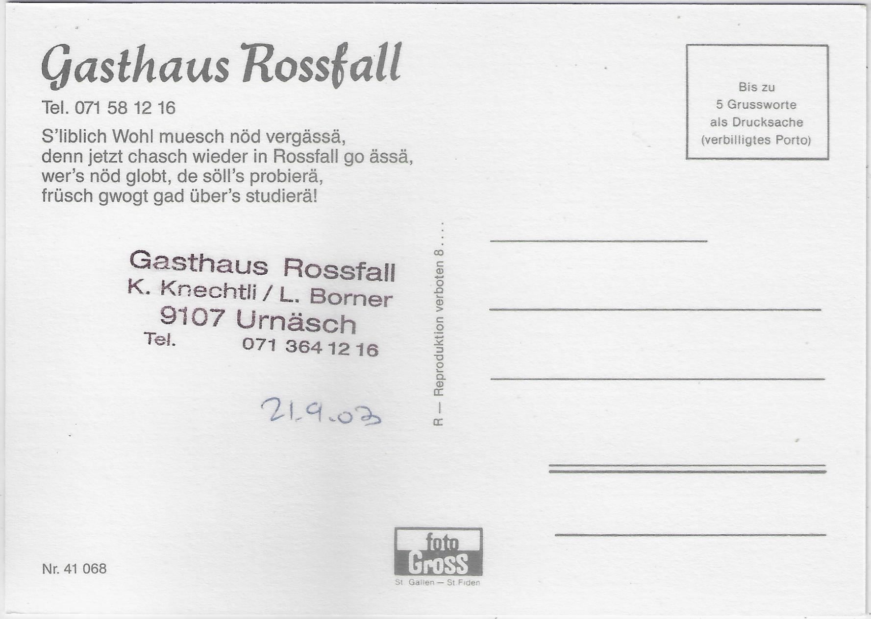 Cartoline postali: Gasthaus Rossfall - Urnäsch AR – Usato da Ettingen venduto da Kartenplanet 1