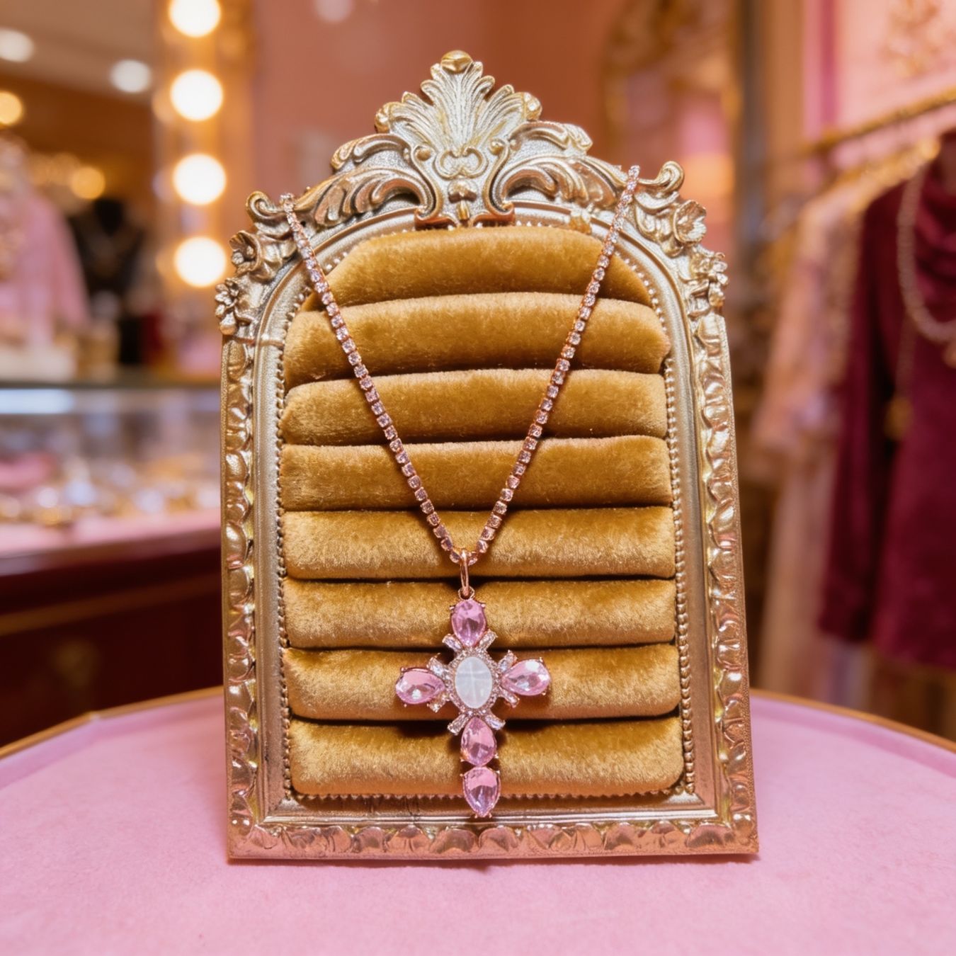Catenine: Collier croix plaqué or pierres roses – Nuovo e nell'imballaggio originale da St-Maurice venduto da Sandrinette123
