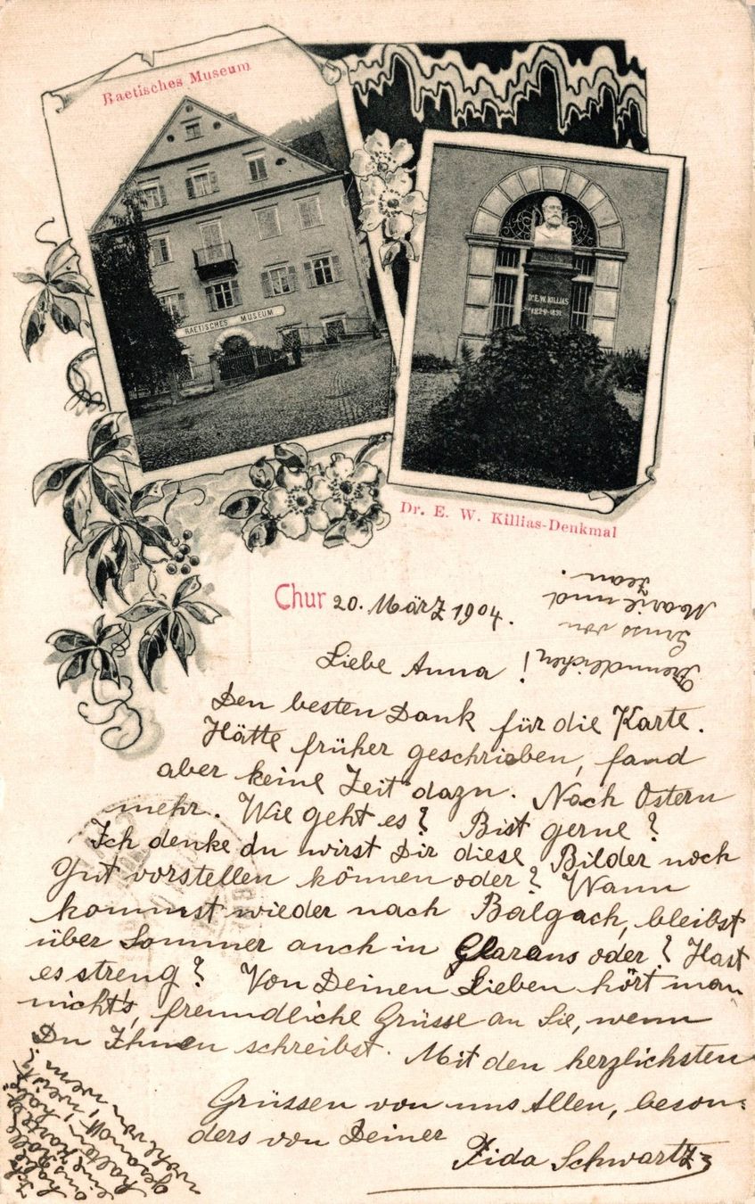 Cartoline postali: Chur. Raetisches Museum, Dr. E. W. Kilias-Denkmal – Usato da Bronschhofen venduto da Astore