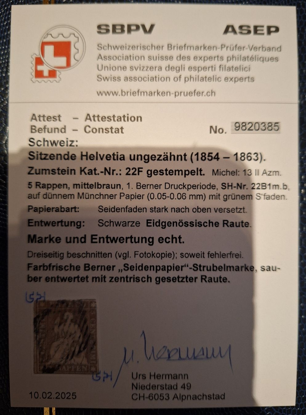 Tutti i francobolli: Strubel 22F mit Attest Kat. 1400.- – Usato da Balgach venduto da SIMEON27 2