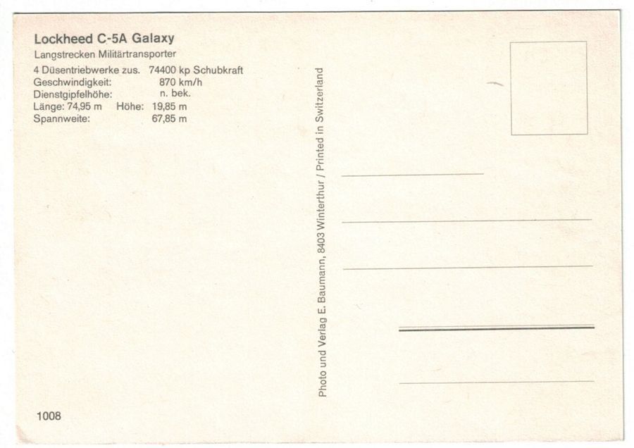 Cartoline postali: Lockheed C-5A Galaxy Militärtransporter USAF – Usato da Frauenfeld venduto da POML 1