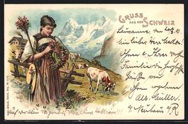 Litho Frau aus der Schweiz in Tracht