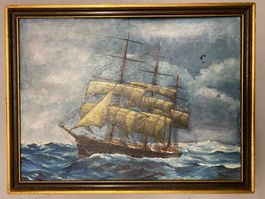 Antikes handgemaltes Ölbild „Segelschiff auf hoher See“
