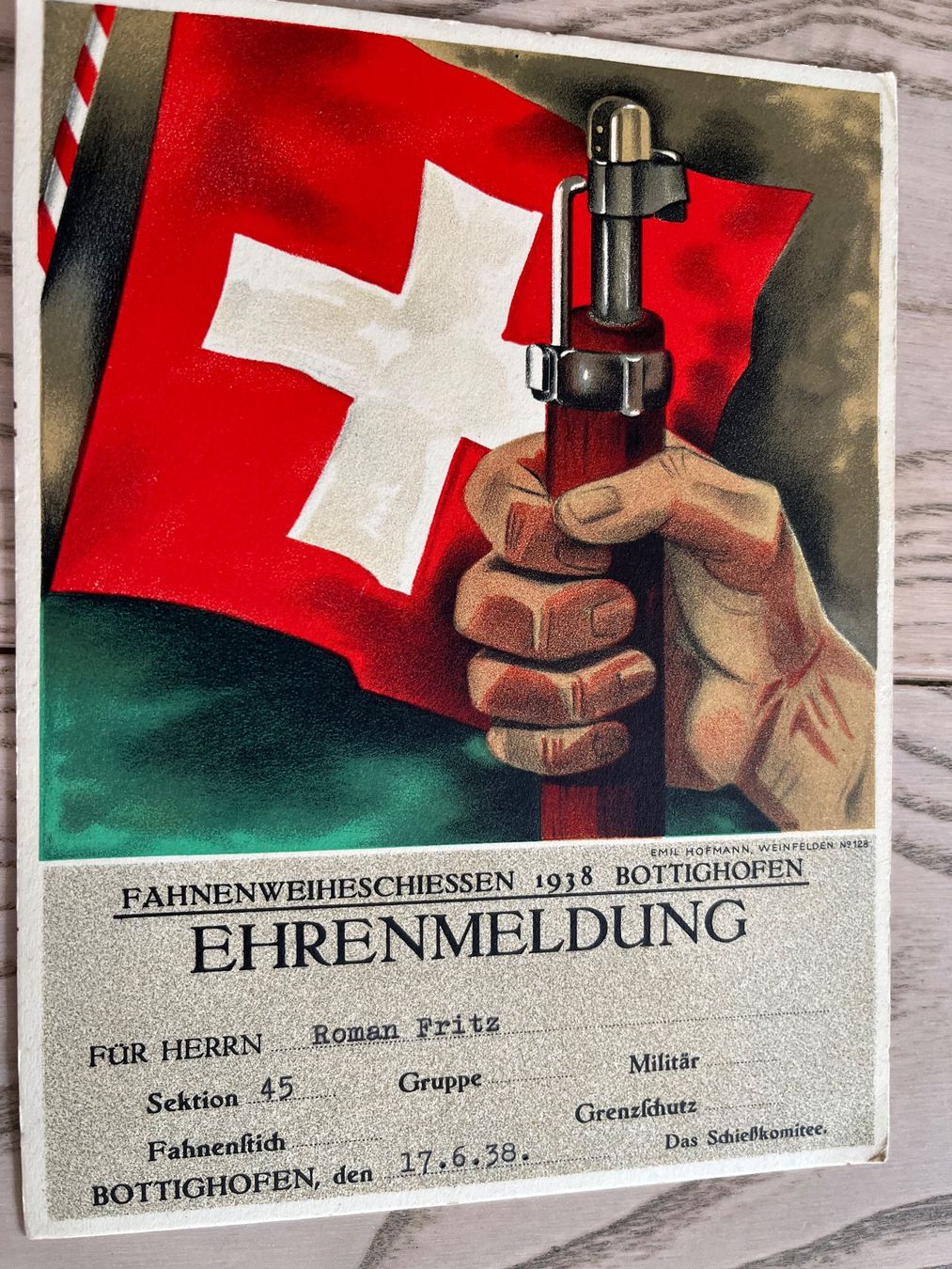 Cartoline postali: Fahnenweihschiessen Bottighofen 1938 – Usato da Romanshorn venduto da Apfelschuss