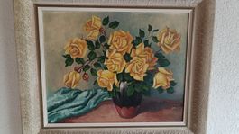 Ölgemälde Blumen mit gelben Rosen gerahmt