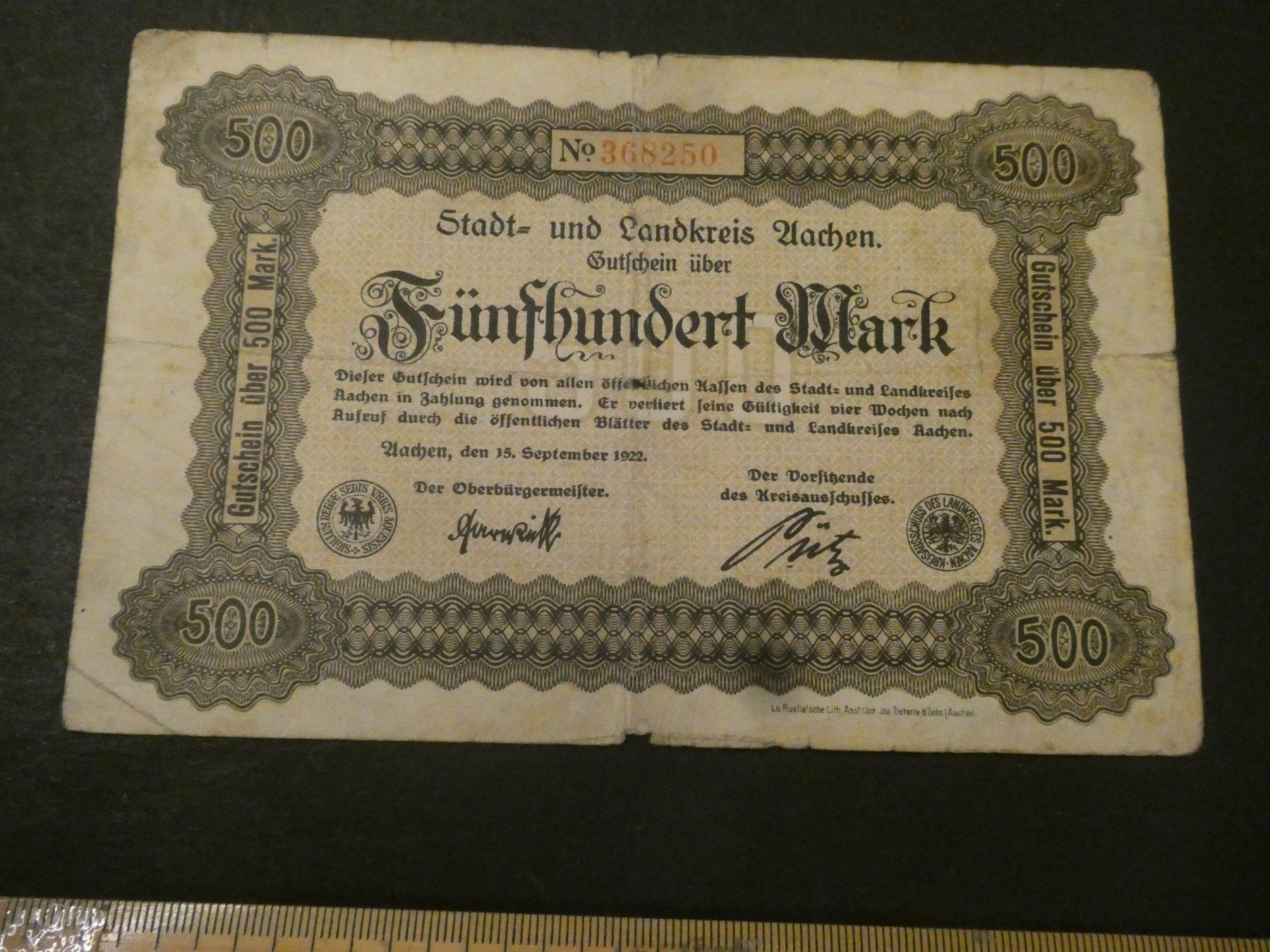 Banconote: Dt. Reich 1922, Aachen 500 Mark – Usato da Hinterforst venduto da Rohusri