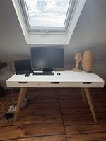 Modern White Office Desk with Three Drawers and Wood Legs