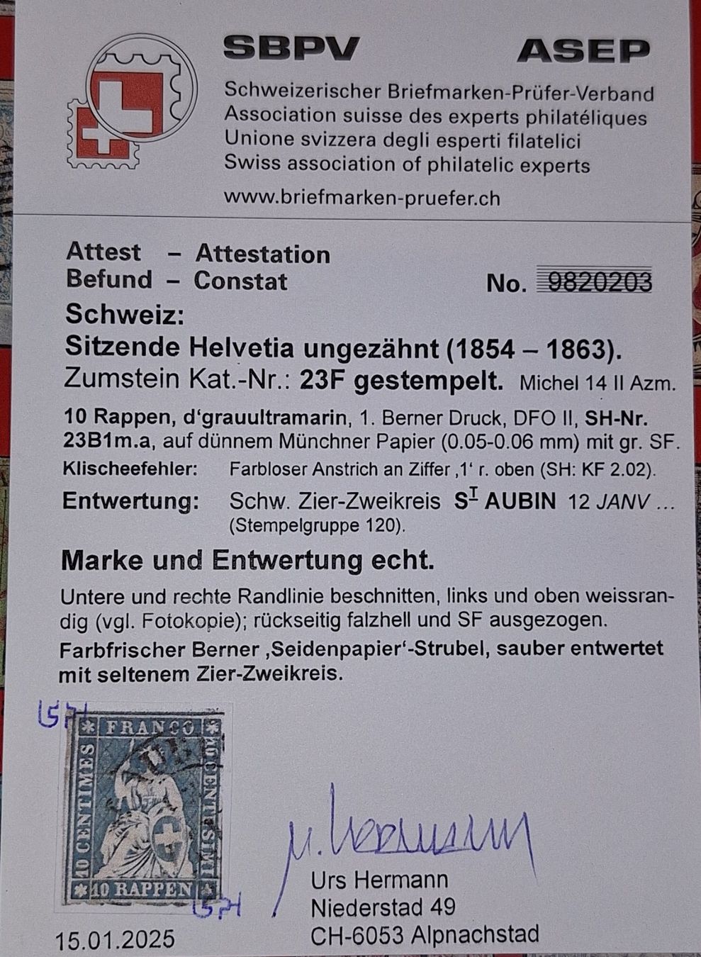 Alle Briefmarken: Strubel 23F mit kl. ATT Kat. 1300.- – Gebraucht aus Balgach von SIMEON27 2