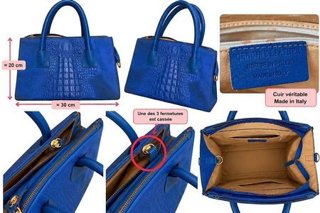 Sac à main bleu en véritable cuir  effet croco
