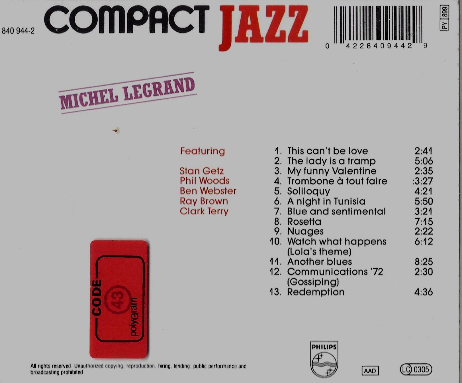 CDs: Michel Legrand COMPACT JAZZ Ben Webster Clark Terry CD – D'occasion à Kandergrund par Sososo 1