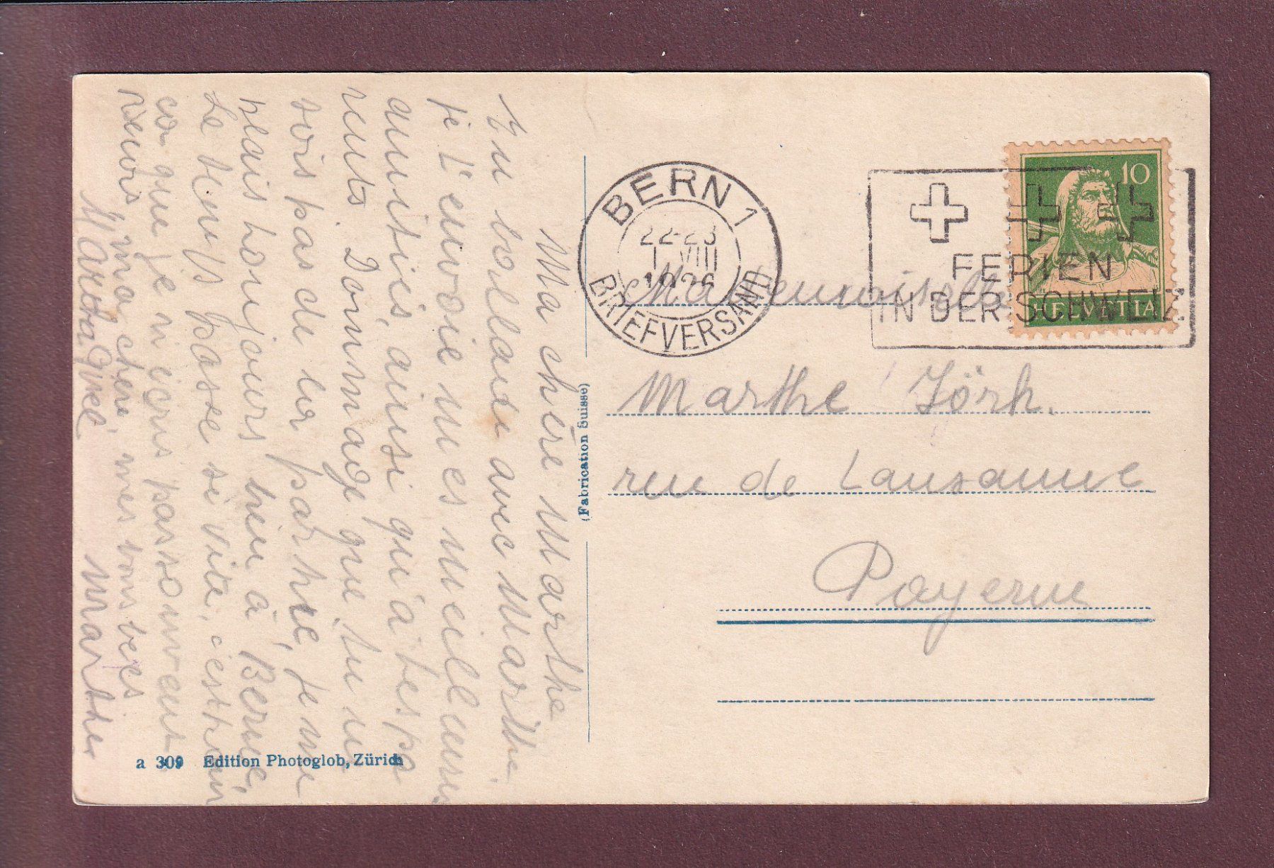 Ansichtskarten: BERN - Weltpostdenkmal - 1926 – Gebraucht aus Pully von nicecards 1