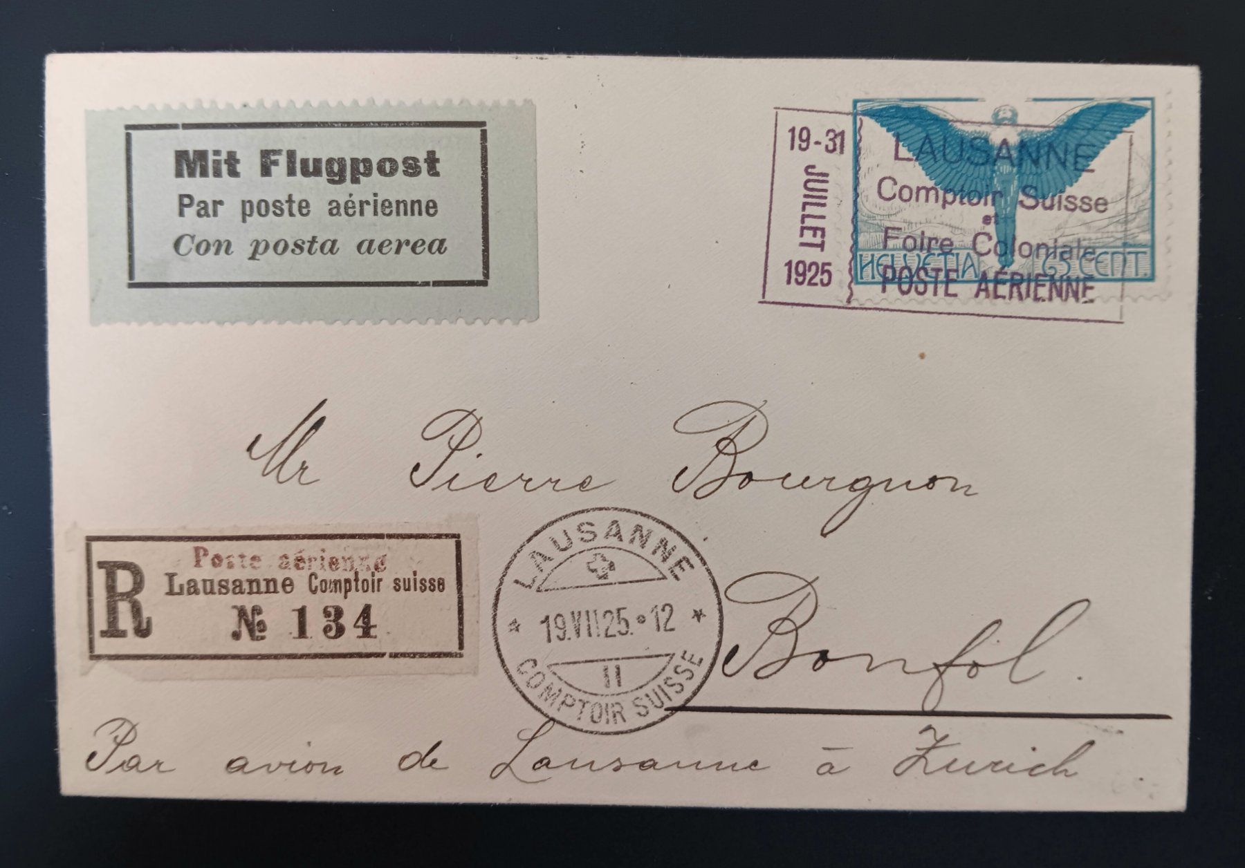 Tutti i francobolli: R - Brief mit Flugpost Lausanne - BONFOL 1925 – Usato da Holderbank AG venduto da DINOS-PHILA