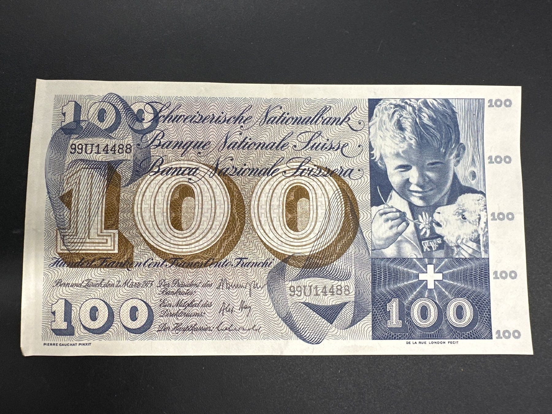 Banknoten: 100 Fr.-Note Schweiz 1973 – Gebraucht aus Herisau von herau