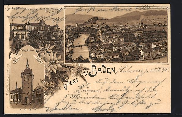 Cartoline postali: Litho Baden, Ortsansicht mit Flusss und  – Usato da Berlin venduto da bartko-reher