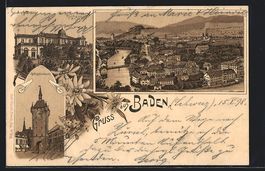 Litho Baden, Ortsansicht mit Flusss und 