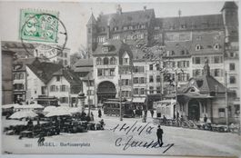 Postkarte 1906 Basel - Barfüsserplatz gelaufen nach Paris