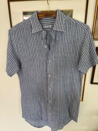 Loro Piana 100% Leinen Hemd kurzarm blau gestreift Gr. M