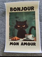 Affiche décorative chat noir café croissant état 
