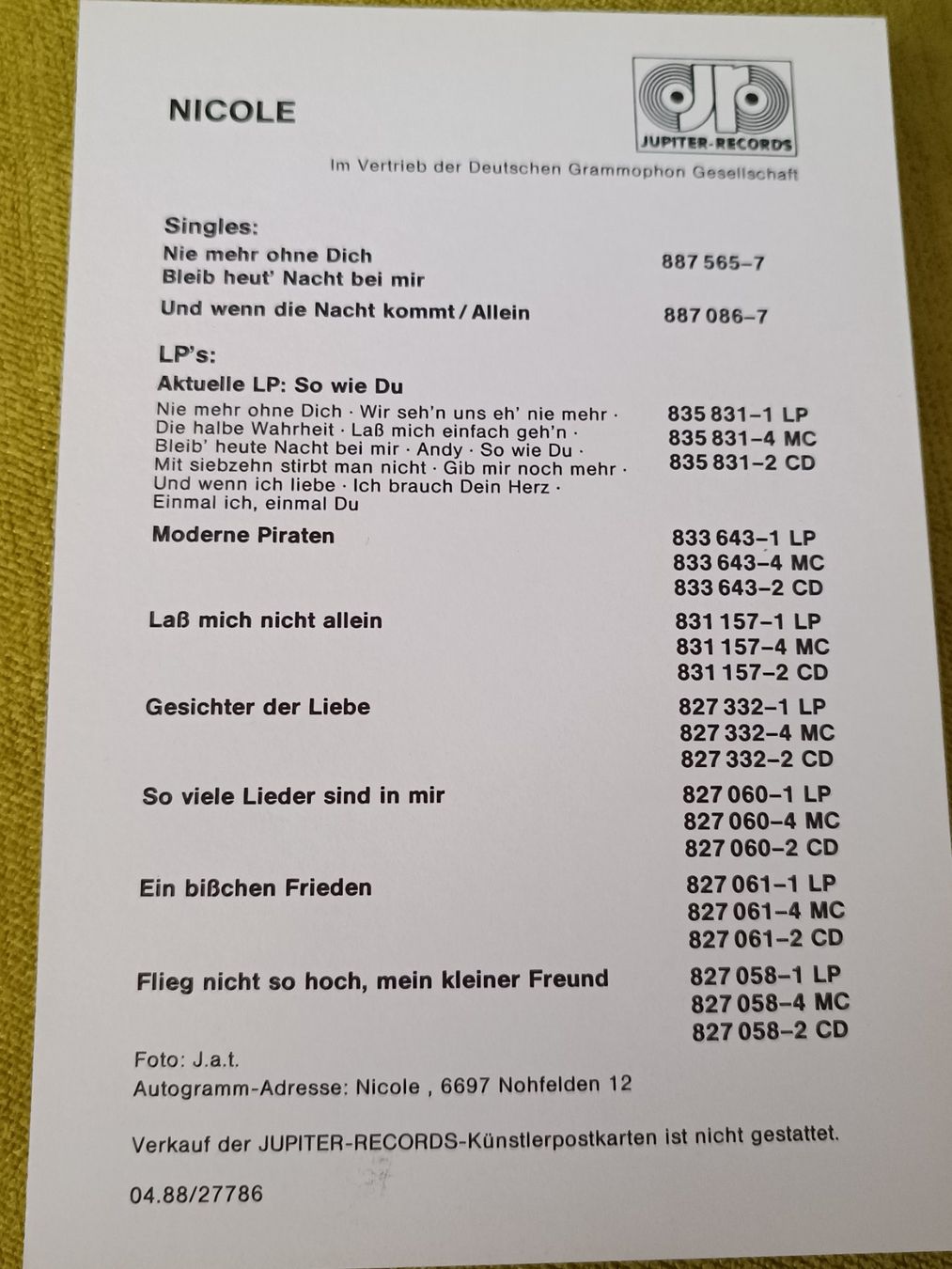 Autogramme: Nicole - handsigniert – Gebraucht aus Menziken von Artographs 1