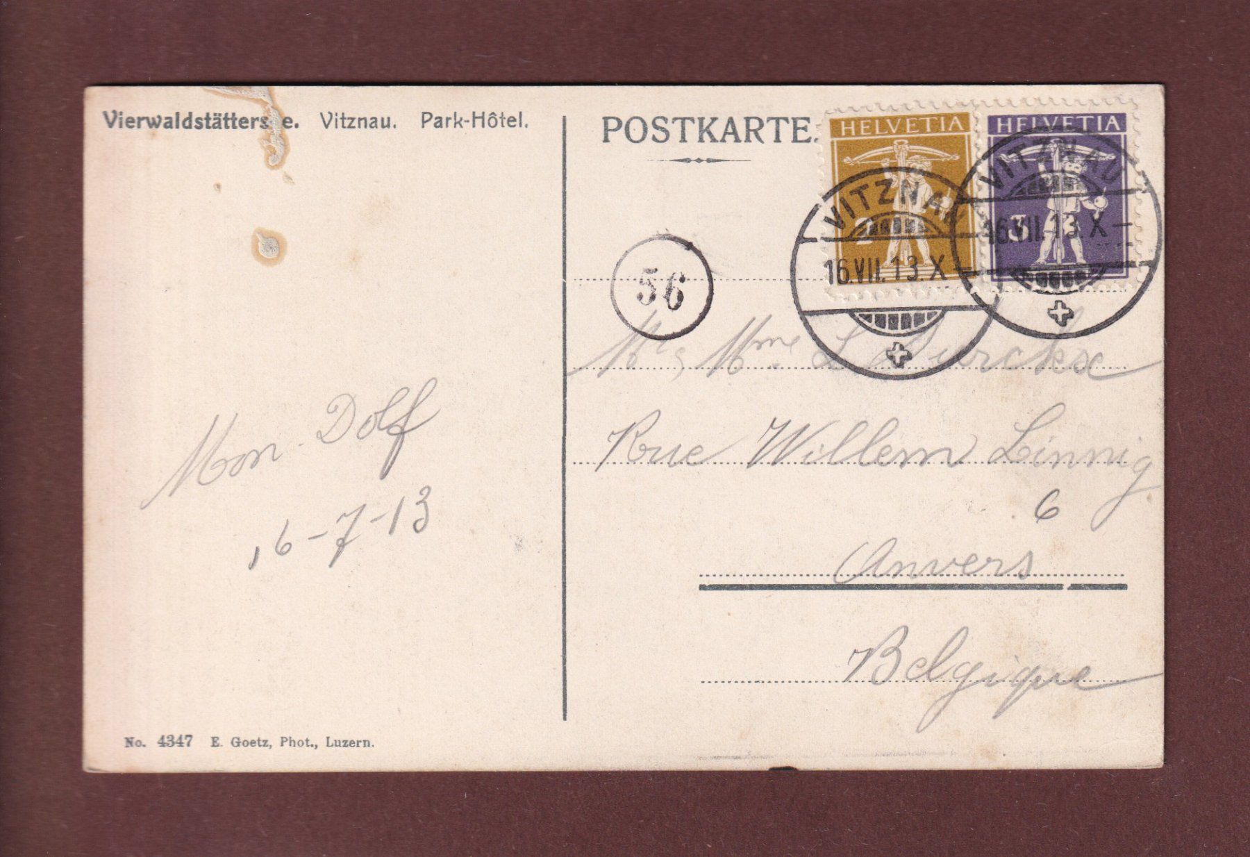 Cartoline postali: VITZNAU - 1913 – Usato da Pully venduto da nicecards 1