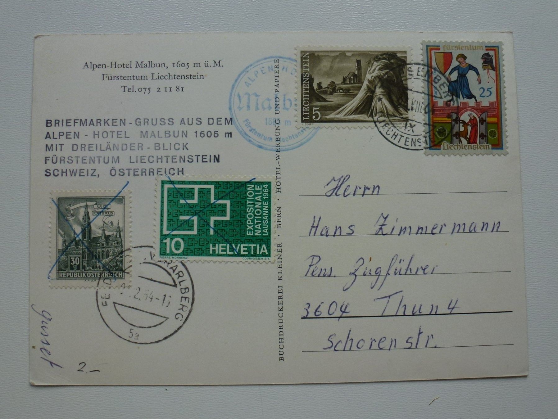 Cartoline postali: Ansichtskarte Alpen Hotel Malbun 1964 – Usato da Walkringen venduto da Casablanca777 1