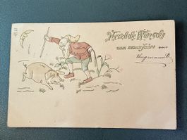 Alte Neujahrspostkarte, um 1903, mit Glücksschwein!