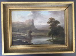 Tableau peinture huile paysage montagne cadre doré 19 ème