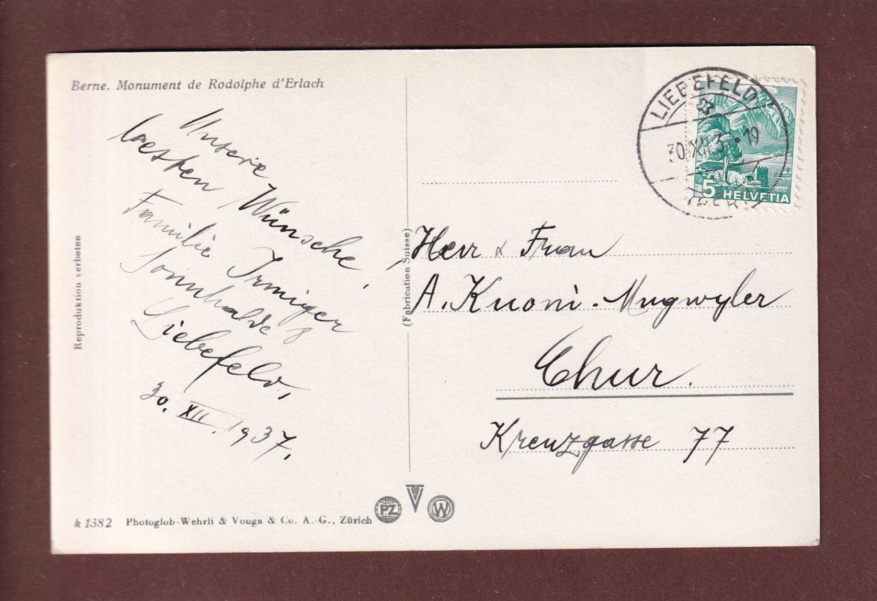Cartoline postali: BERN - Rudolf von Erlach Denkmal - 1937 – Usato da Pully venduto da nicecards 1