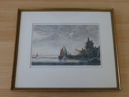 Schöne Radierung "Das Schlösschen an der Maas"