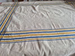 Tischdecke blau gelb gestreift Vintage Leinen