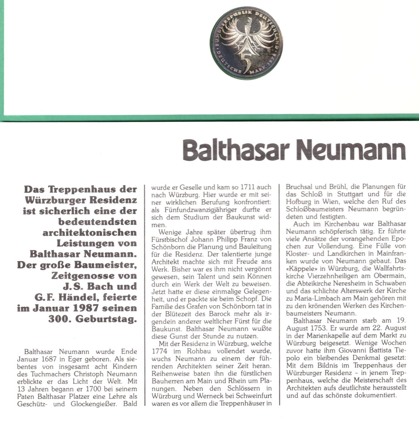 Tutti le monete: 5 DM Silbermünzbrief   Balthasar Neumann  1987 – Nuovo (secondo la descrizione) da Mellingen venduto da Ginger 1