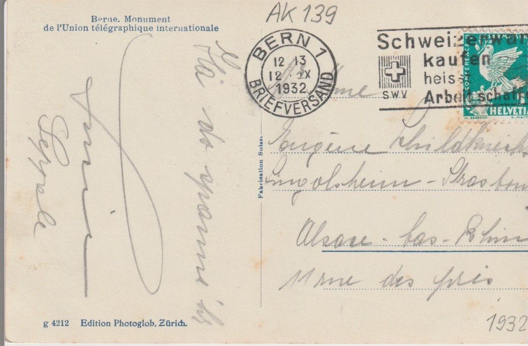 Cartoline postali: AB 139 Bern, Telegraphendenkmal, 1932 – Usato da Freienbach venduto da Bhaltis 1