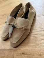Zara Loafers Suede Leather Beige Gold Buckle New Size 39