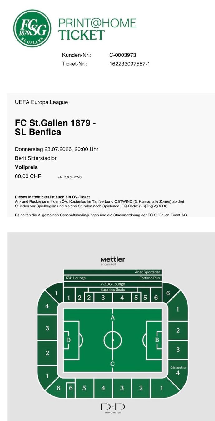 Tickets: FCSG 1879 - Benfica Lissabon – Neu und originalverpackt aus Stachen von Ferienjunky