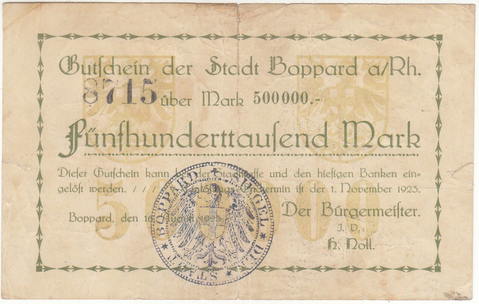 Banconote: Boppard 500000 Mark 16.08.1923 SS++ – Usato da Steffisburg venduto da ber_8htf