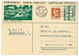 1932 Bildpostkarte Nr. 128-010 BASEL ZOO, nach München