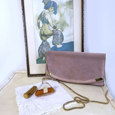 Tasche z. Umhängen Goldkette rosa Veloursleder VINTAGE 1960s