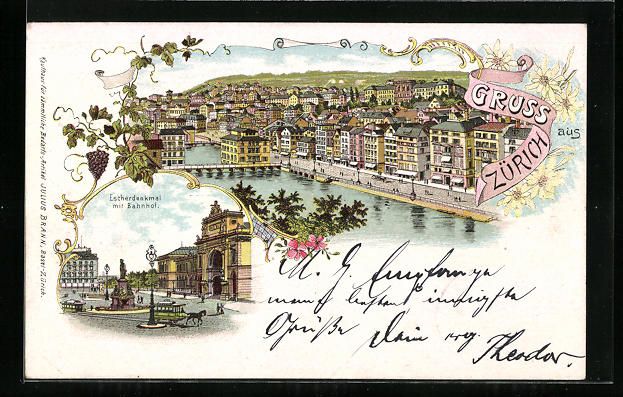 Ansichtskarten: Litho Zürich, Teilansicht, Escherdenkma – Gebraucht aus Berlin von bartko-reher