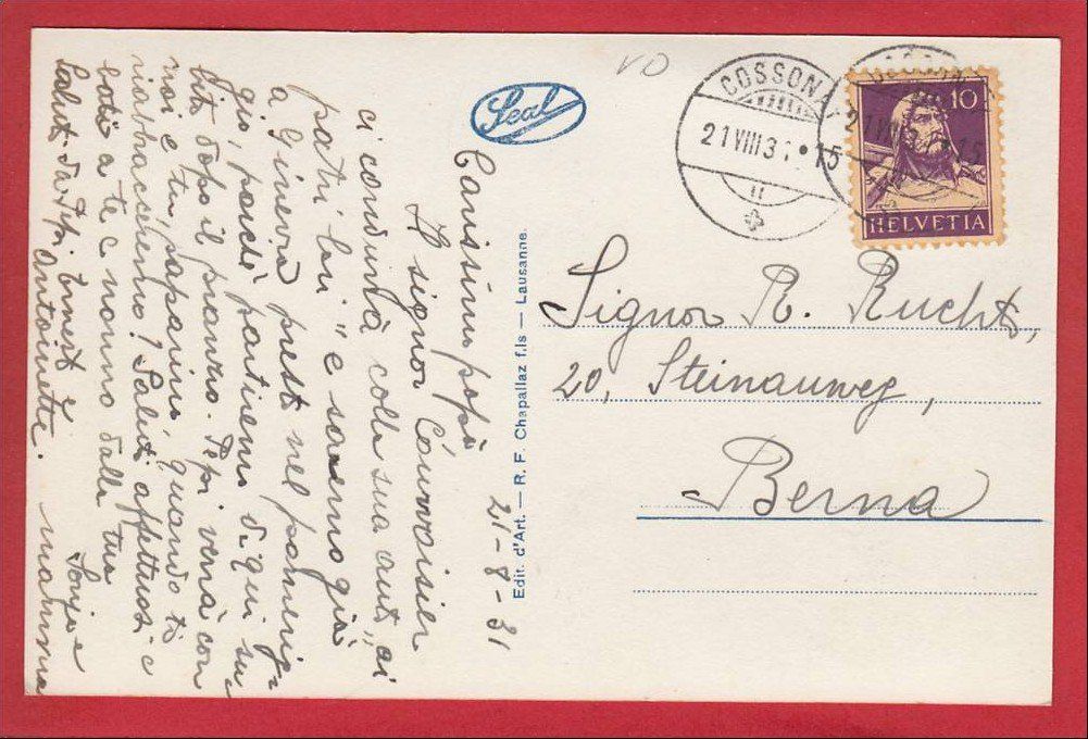 Cartoline postali: COSSONAY – Usato da Grüningen venduto da Kartenlaube 1