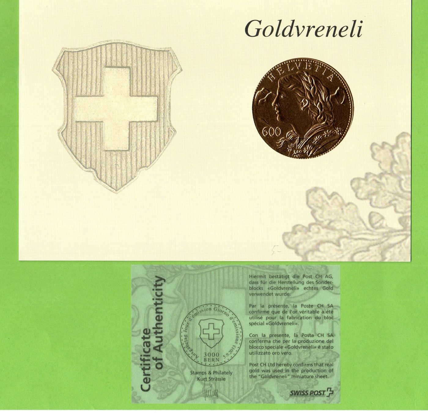 Tutti i francobolli: 2013 Goldvreneli Geschenkfolder Marke 6.-- 1. Tag – Usato da Stein am Rhein venduto da Huehnerhund