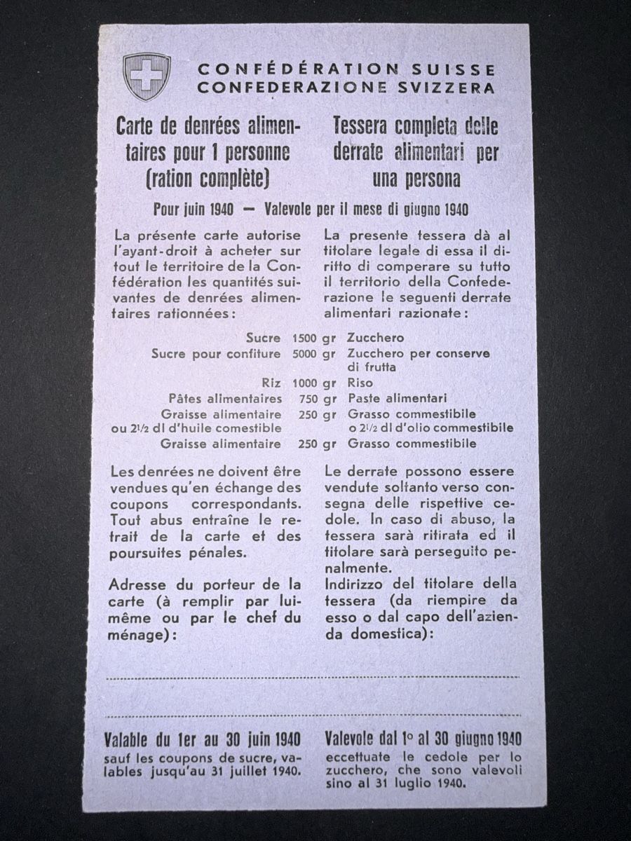 Altre raccolte & rarità: Rationierungskarte Lebensmittel 1940 – Usato da Grenchen venduto da Bastet007 1