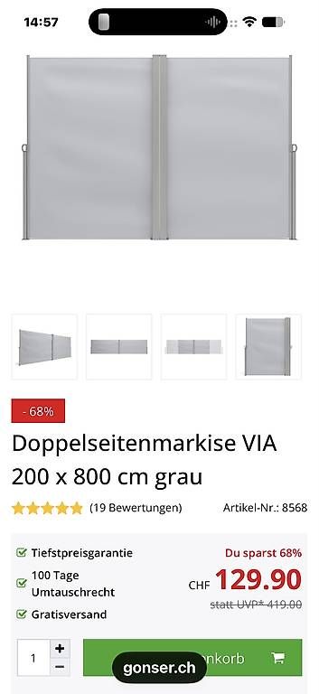 Paravents: Doppelseitenmarkise VIA 200 x 800 cm grau neu – Neu und originalverpackt aus Küsnacht ZH von jpdio