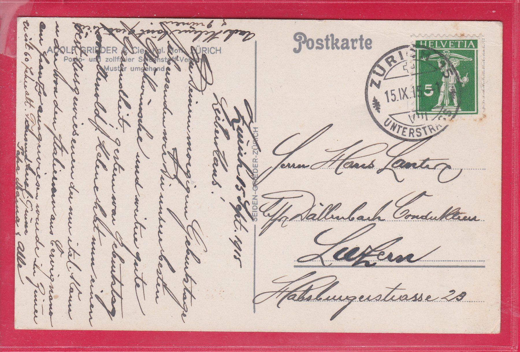 Cartoline postali: ZÜRICH - LANDESMUSEUM, 15.9.1915 – Usato da Oberrieden venduto da Gebirgsstelze 1