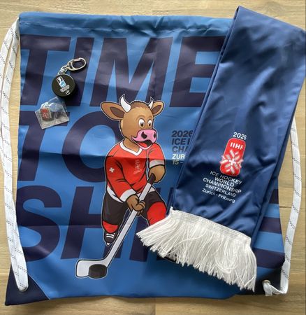 „Cooly“ Fanset IIHF Eishockey WM 2026, Beutel/Schal/Puck/Pin