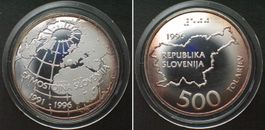 SLOWENIEN 500 Tolarjev 1996 5 JAHRE UNABHÄNGIGKEIT Silber PP